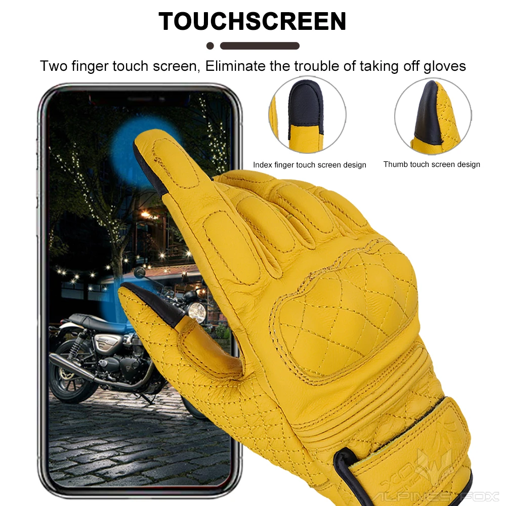 レトロオートバイ手袋本革フルフィンガー黒黄色男性女性保護具バ - Motorcycle Gear Alpine のレビューと価格