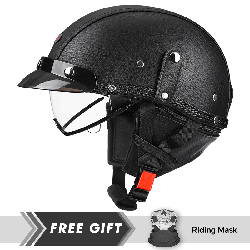 メンズレトロオートバイハーフヘルメットブラックレザーオープン - Motorcycle Gear In Store のレビューと価格