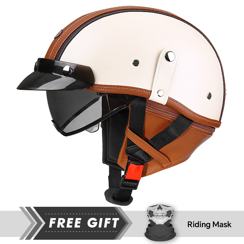メンズレトロオートバイハーフヘルメットブラックレザーオープン - Motorcycle Gear In Store のレビューと価格